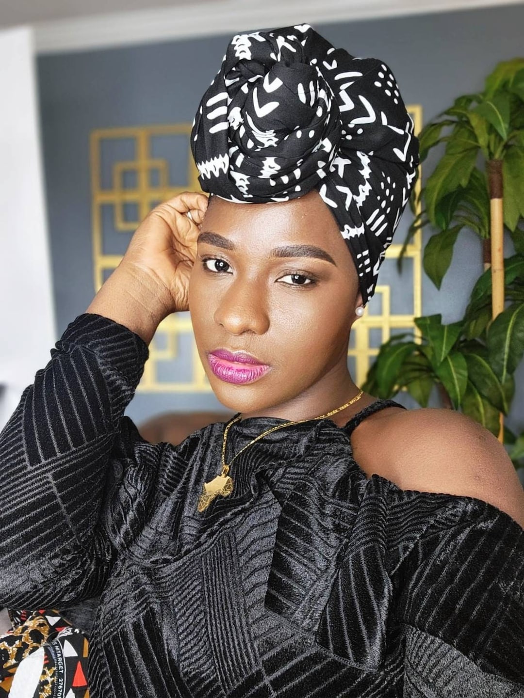 African Head Wraps for Women Black and White Mudcloth Ankara