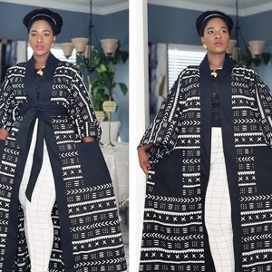 African Clothing For Women Plus Size Black and White Ankara Top with POCKETS Oversized Kimono Mudcloth Poncho Boho Top Loose Fit image 2