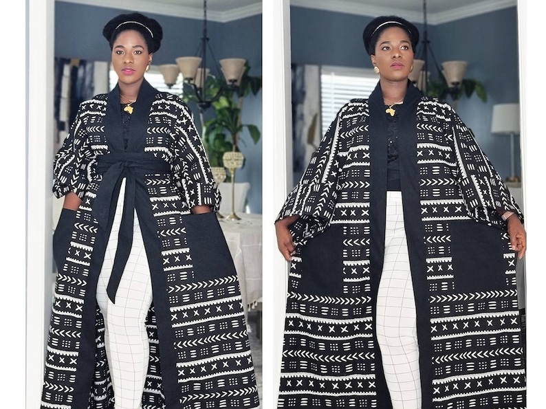 African Clothing For Women Plus Size Black and White Ankara Top with POCKETS Oversized Kimono Mudcloth Poncho Boho Top Loose Fit image 2