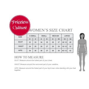 May include: A women's size chart with measurements for bust, waist, and hips in inches. The chart includes sizes from X-Small to Large.