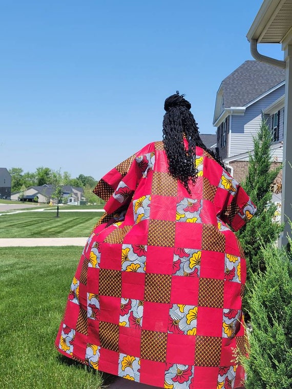 Patchwork African Kimono Duster Red and Gold | Plus Size Ankara
