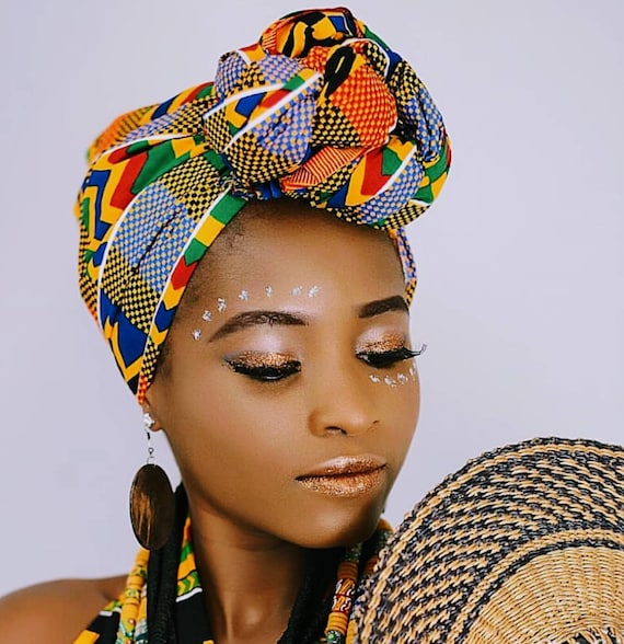 African Head Wraps for Women in Kente Print Fabric, Tribal  display picture 3