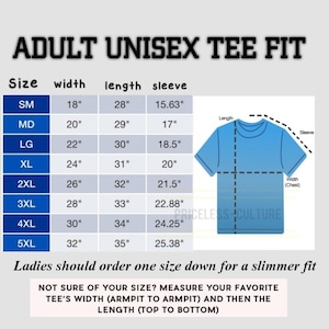 May include: A size chart for unisex t-shirts with measurements in inches for width, length, and sleeve length. The chart shows sizes from small to 5XL. The chart also includes a diagram of a t-shirt with labels for length, sleeve, and width (chest).