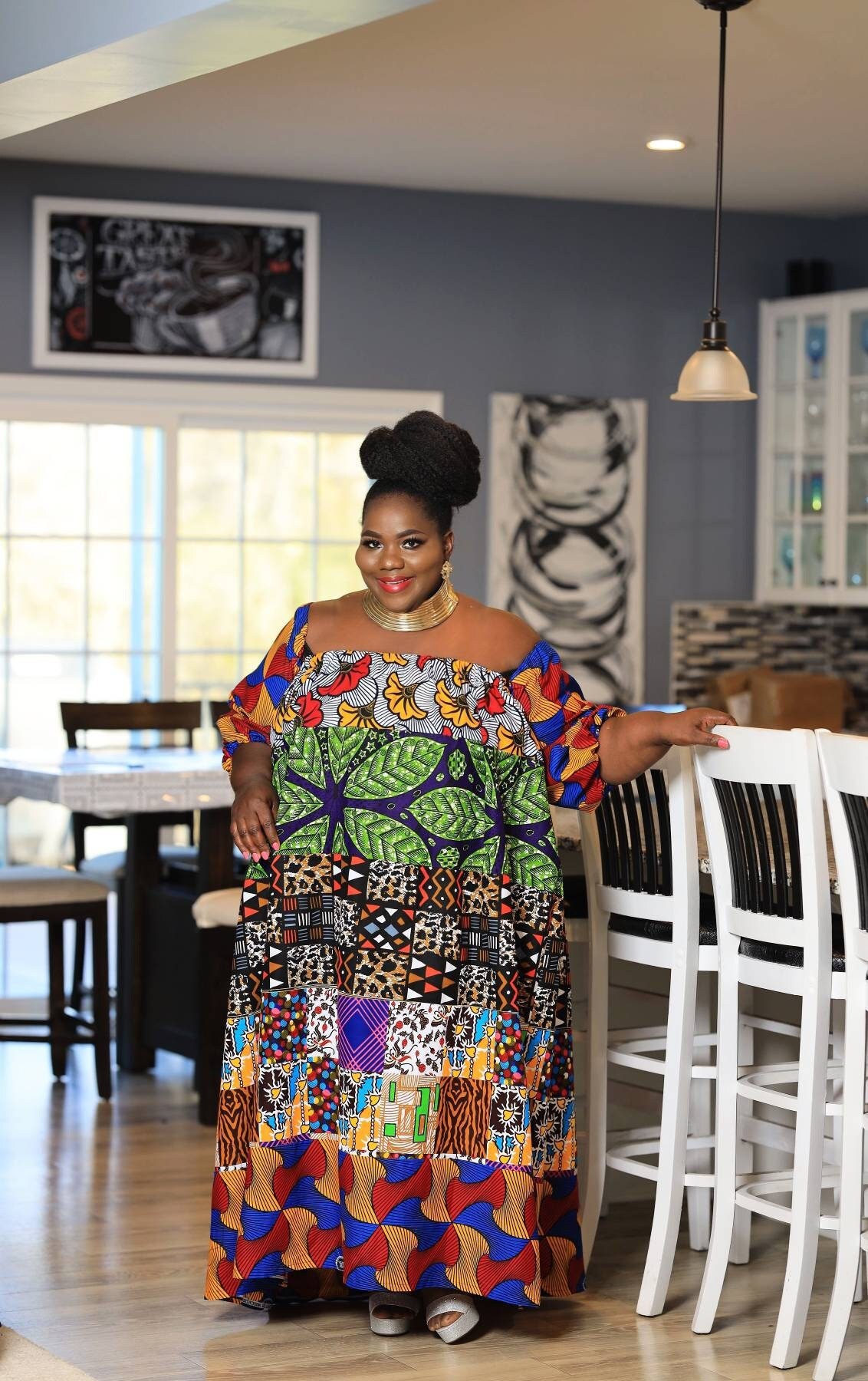 African Dresses for Women Plus Size | Ankara Patchwork Off shoulder Maxi Dress | Loose Fit Long African Dress | Boho Maxi Dress
