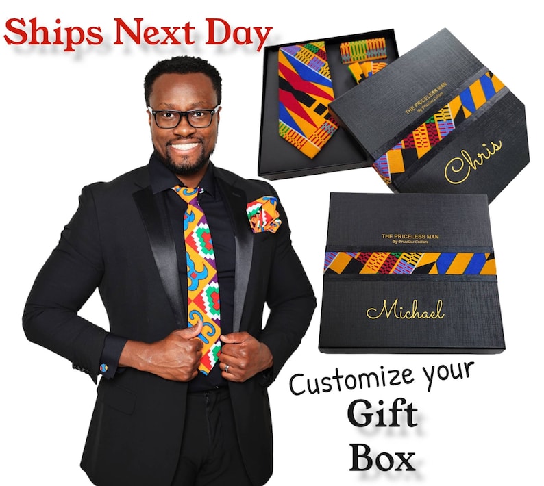 African Print Neck Tie Set 5 Piece Kente Necktie African Gift for Him Fathers Day image 1