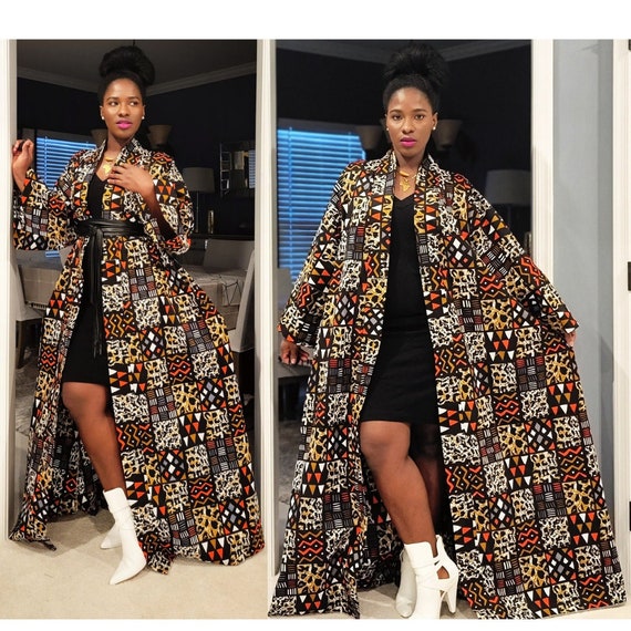 African Print Kimono Jacket with POCKETS for Women Long Ankara Oversized Duster Full Length Black Mudcloth Maxi Dress Robe Plus Size