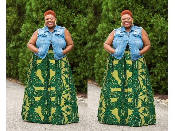 Plus Size Patterned Green Skirt Plus Size Mini Tiered Skater Skirt