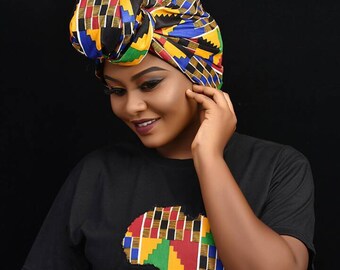 African Tshirt With Matching Kente Head Wrap For Women, Ankara Clothing, US Sizes Small to 4X, Gift For Her, Black Girl Magic, Top, Nubian