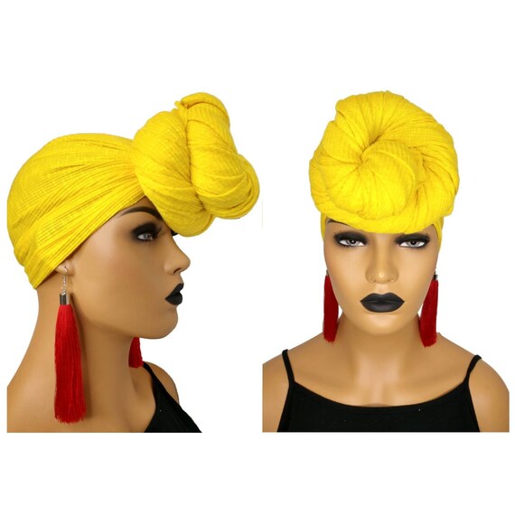 African Head Wraps For Women Stretchy Lemon Yellow Extra Long Etsy