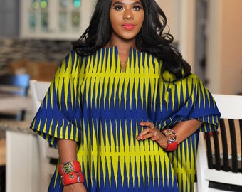 African Kaftan Tops for women plus size in yellow and blue | BOHO HIPPIE Tunic Blouse Kaftan Top | Ankara oversized kimono poncho Loose Fit