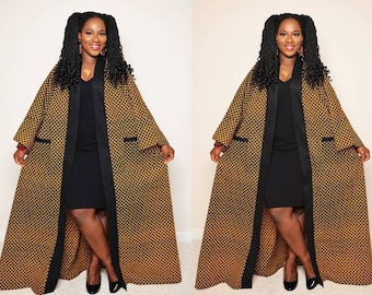 African Clothing for Women Plus Size in Black and Gold and Brown | Ankara Kimono Jacket with POCKETS | Long Oversized Duster Full Length