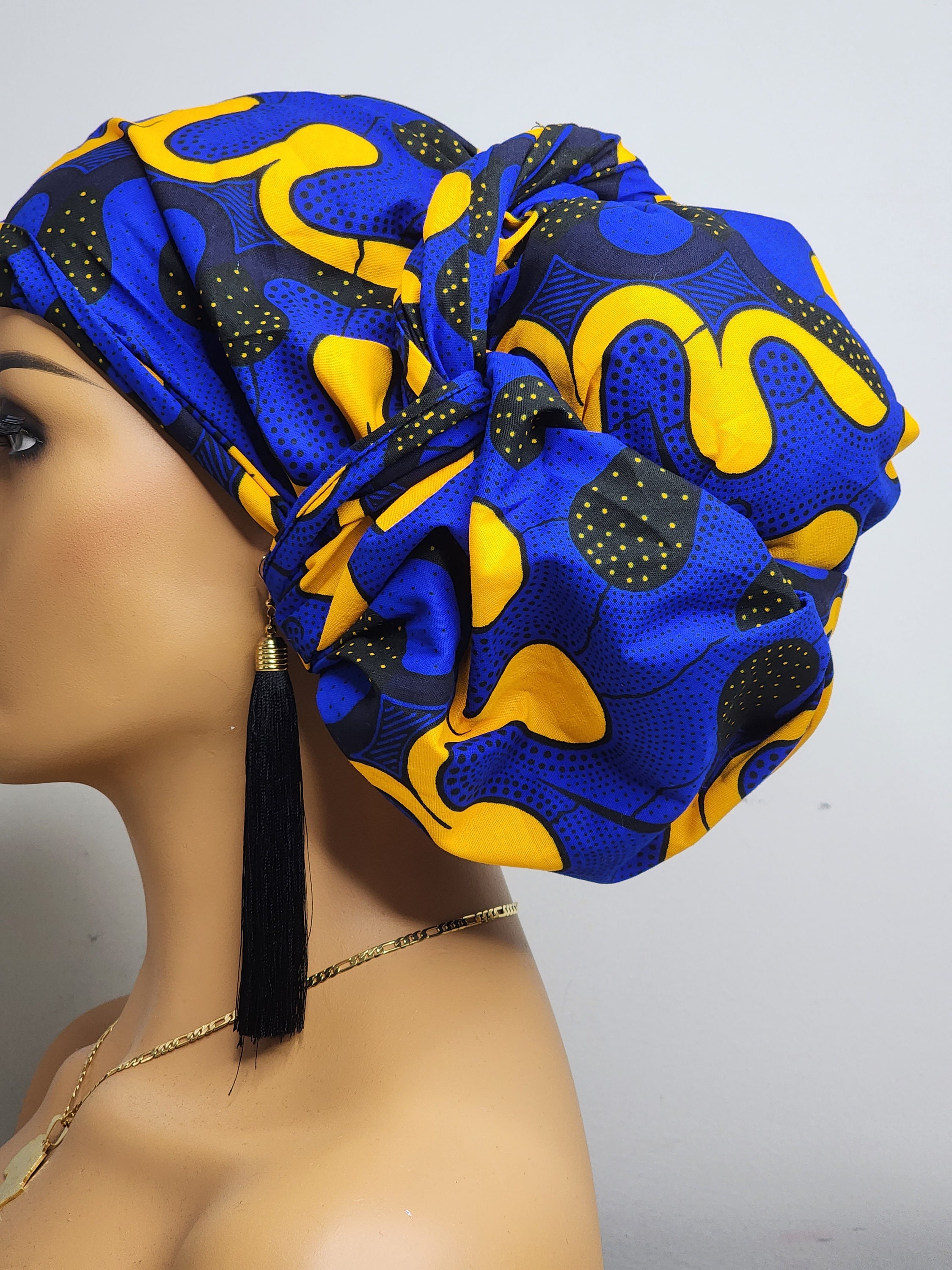 Elegant Blue and Gold Women\'s Headwrap African Head Wraps for Women Blue and Gold | Ankara Headwrap  main image 4