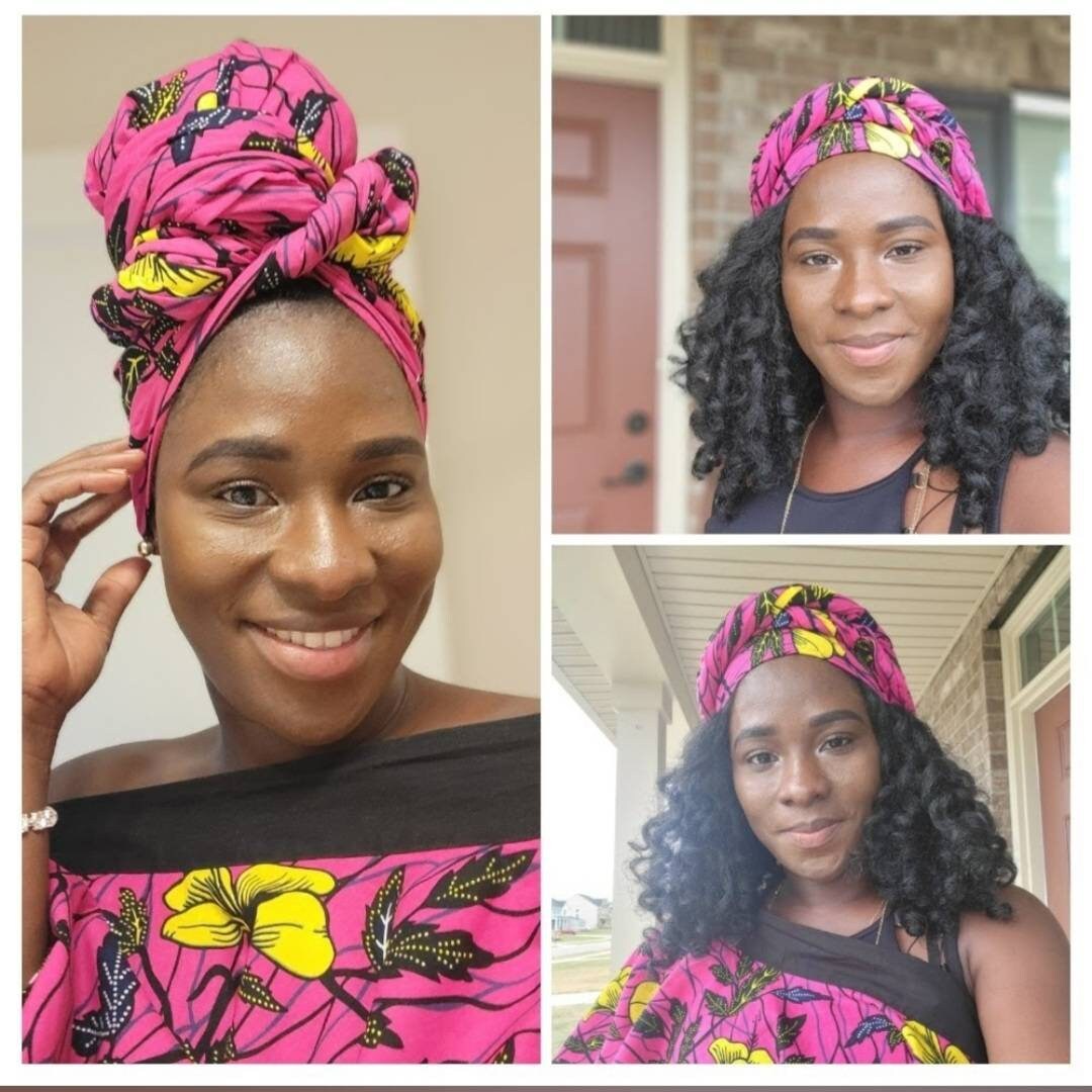Pink African Head Wrap | Yellow Women Headpiece | Floral 