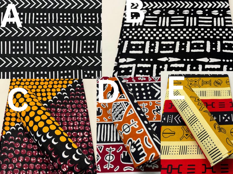 May include: Five different fabric swatches with various black and white geometric patterns, and colorful patterns with yellow, orange, red, and black. The swatches are labeled A, B, C, D, and E.