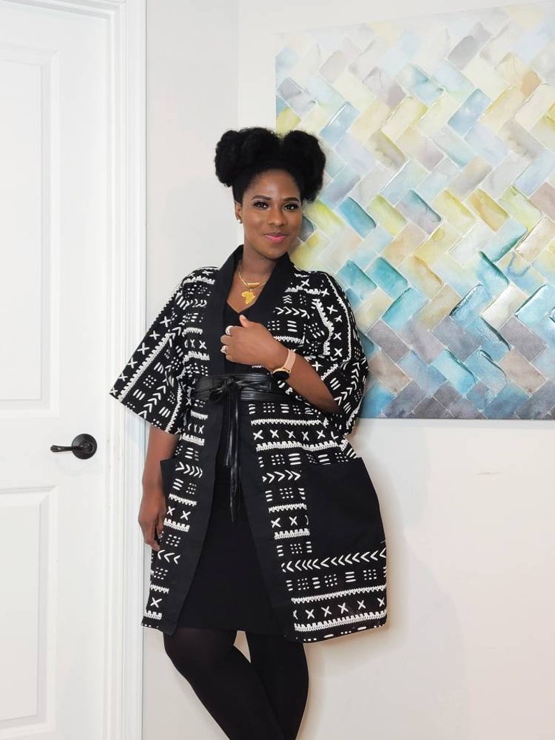 African Clothing For Women Plus Size Black and White Ankara Top with POCKETS Oversized Kimono Mudcloth Poncho Boho Top Loose Fit image 8