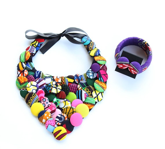 V Shape African Statement Button Necklace Jewelry Set African Jewelry Set Ankara Jewelry Plus Size African Chunky Necklace Ethnic Jewelry