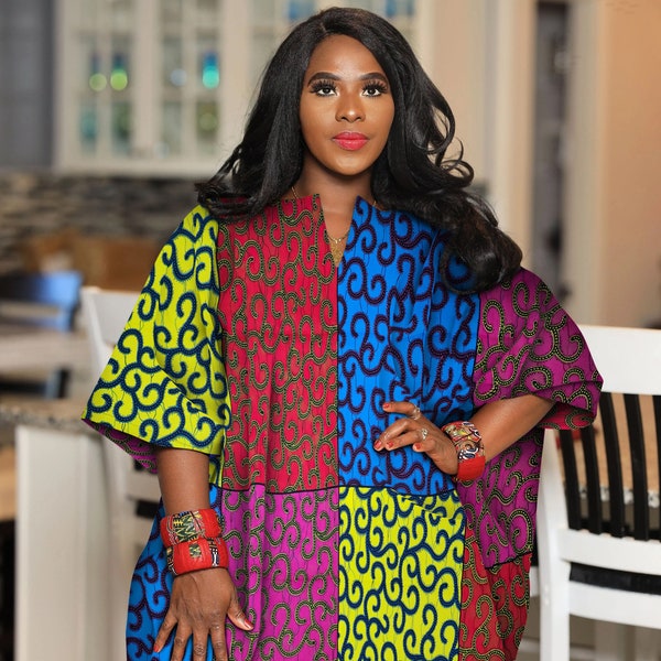 African Kaftan Top Multi-Color | African Clothing For Women Plus Size | Oversized Kimono Tunic | Hippie Kaftan Split Neck | Tunic Loose Fit