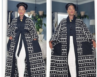 African Print Kimono Duster with POCKETS for Women | Long Ankara Oversized Kimono | Full Length Robe Mudcloth | Plus Size Duster for Women