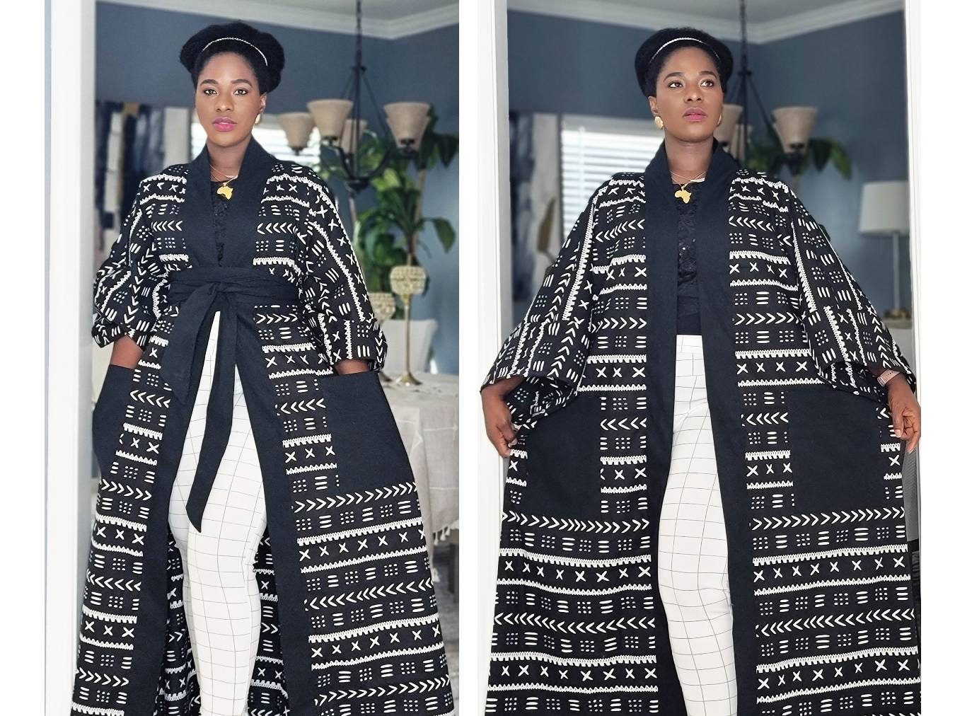 Retro Geometric Ethnic Print Open Front Slit Duster Kimono