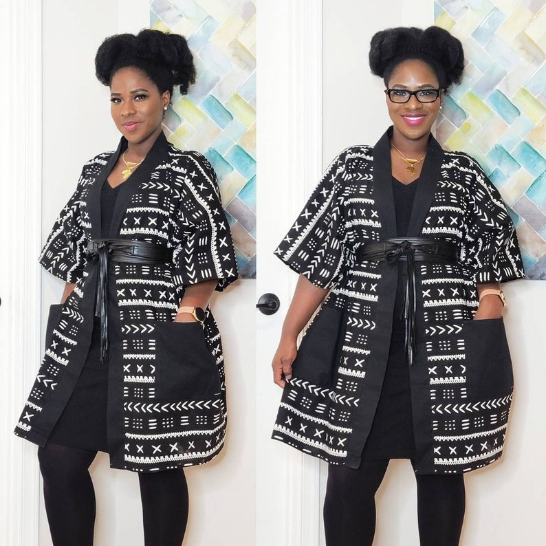 African Clothing For Women Plus Size Black and White Ankara Top with POCKETS Oversized Kimono Mudcloth Poncho Boho Top Loose Fit image 1