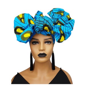 Blue African Head Wraps For Women | Yellow African print Headwrap | Blue and yellow Ankara headpiece | African Gift For Her | Blue Turban