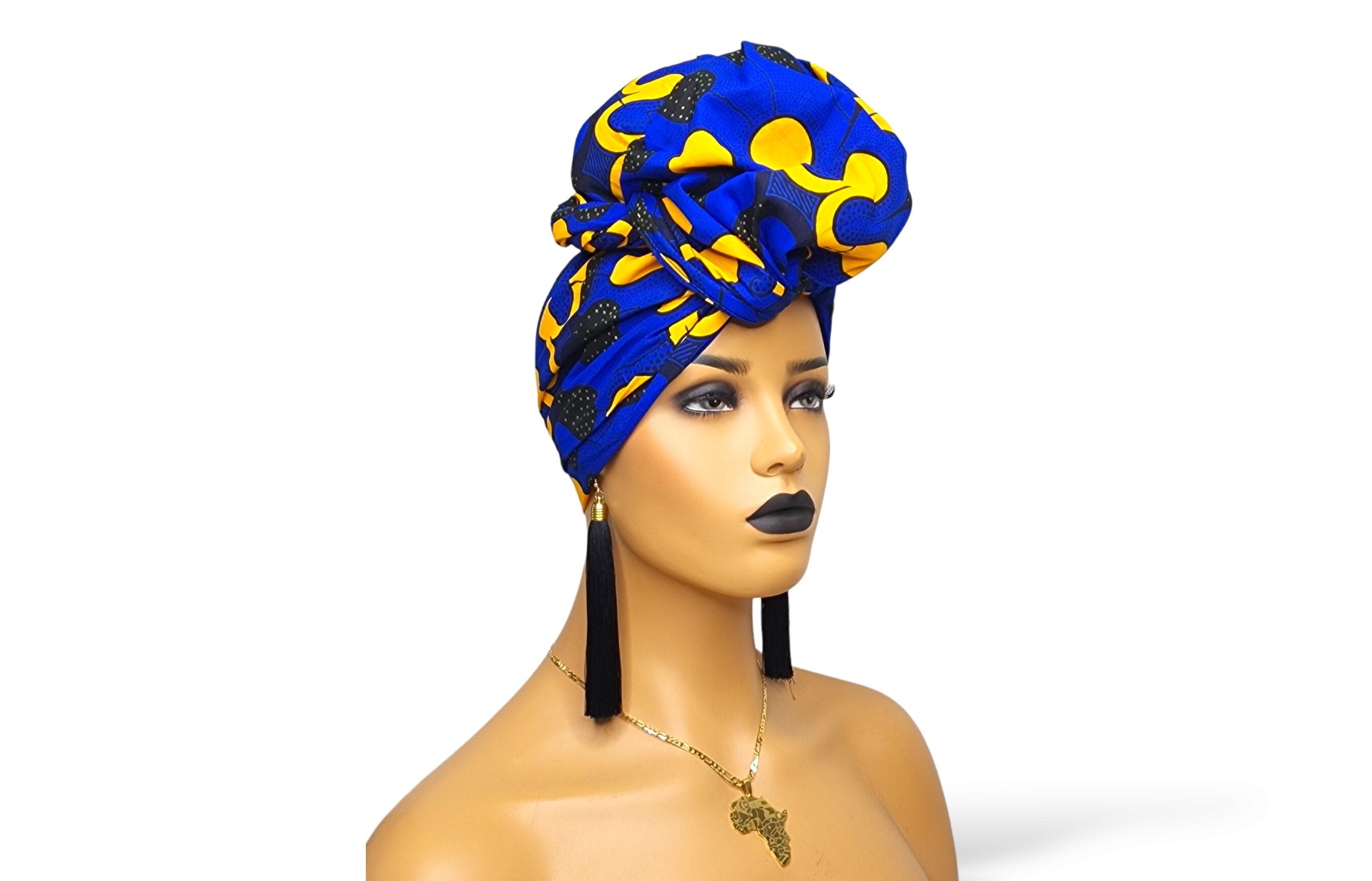 African Head Wraps for Women Blue and Gold | Ankara Headwrap 
