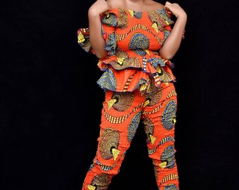African Print Peplum Top With Matching Ankara Pants For Women, Orange African Clothing
