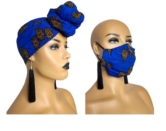 Ankara Face Mask and Head Wrap Set | African Print, Filter Pocket