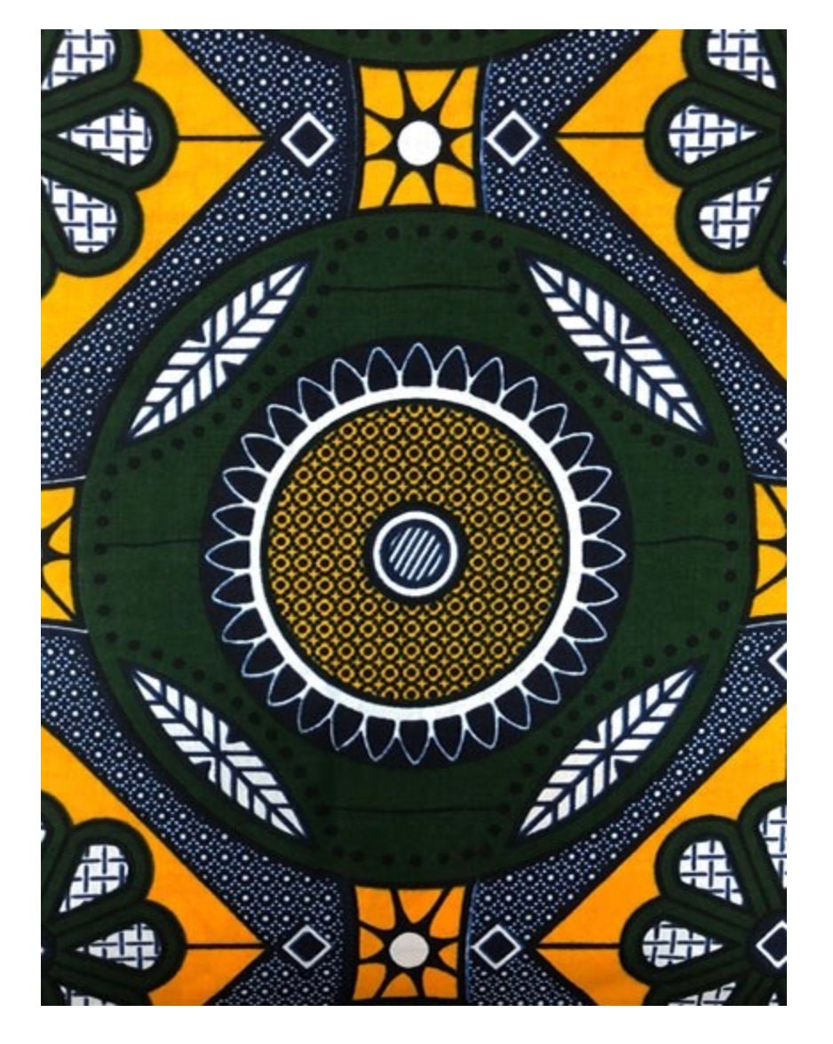 Green and Gold Ankara Fabric with Geometric Blocks and Peacock Feather Pattern main image 1