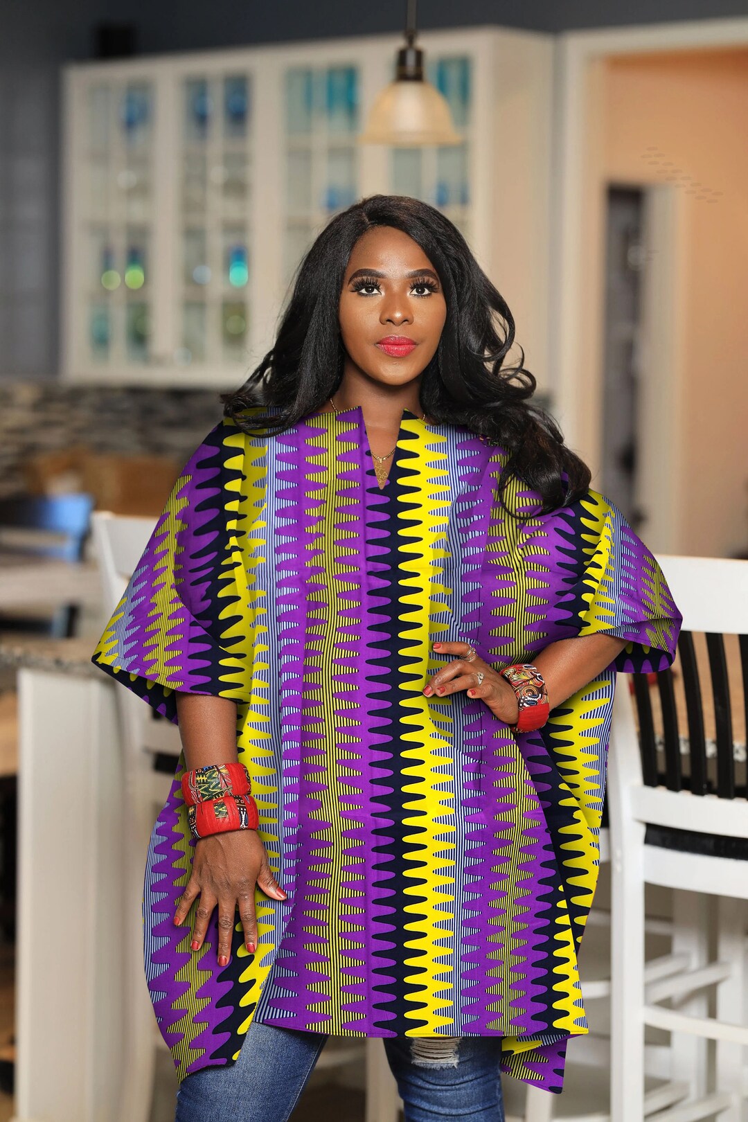 Vivo Sierra Tunic Kaftan Top - Black / Mustard Abstract Print main image 0
