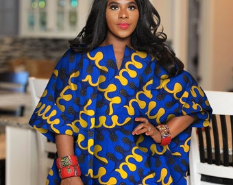 African Clothing for Women Plus Size | Ankara Kaftan Dress | One Size Kimono Oversized | Royal Blue and Gold Ankara Tunic | Bohemian Top