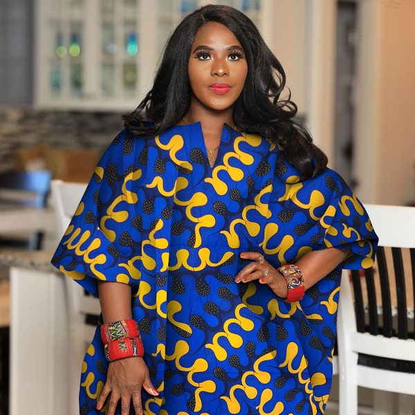 African Clothing for Women Plus Size | Ankara Kaftan Dress | One Size Kimono Oversized | Royal Blue and Gold Ankara Tunic | Bohemian Top