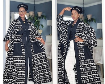 African Print Duster for Women in Black and White Mudcloth | Full Length Kimono Robe | Plus Size Ankara Jacket Oversized Kimono Full Length