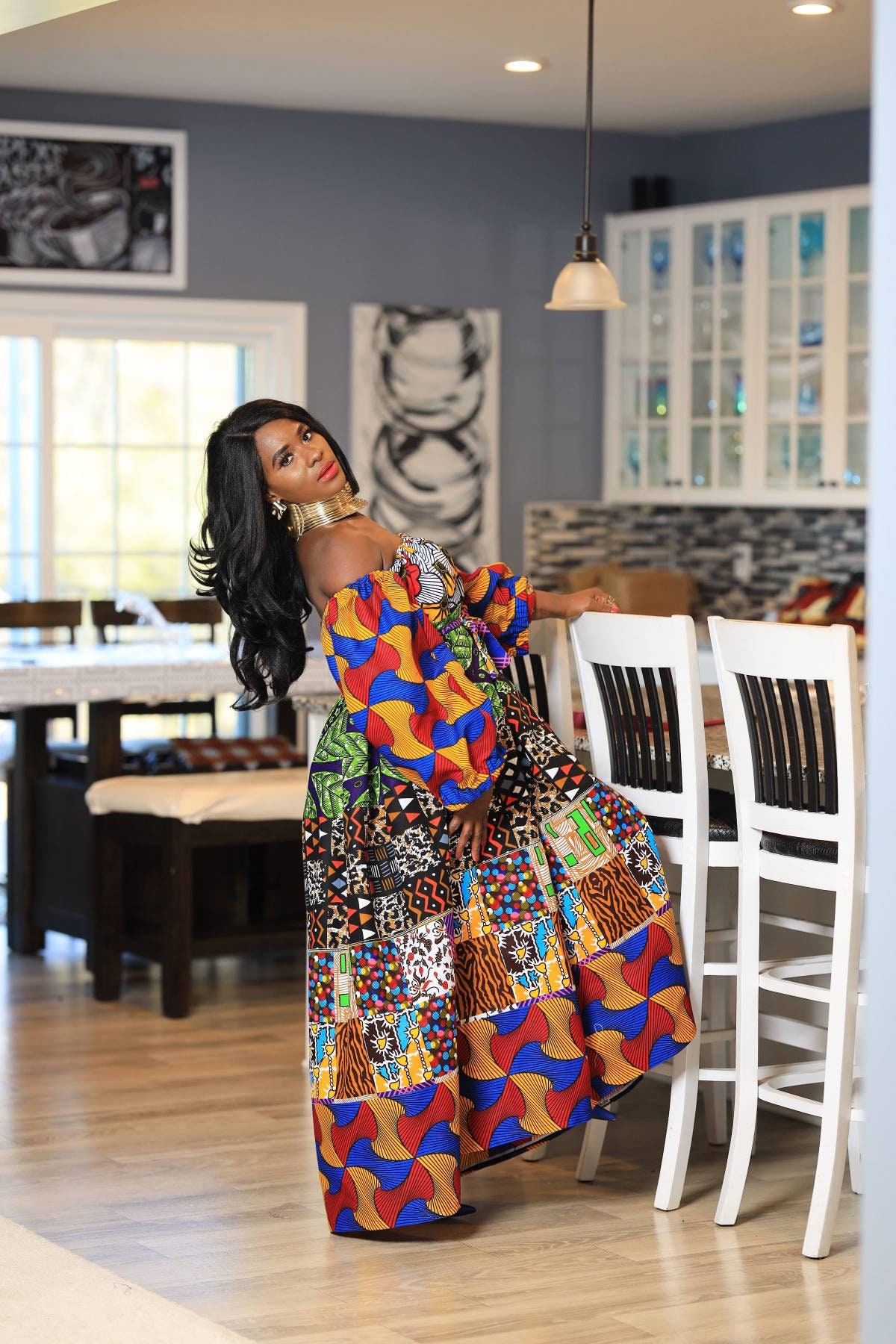 loose african dresses African Dresses for Women Plus Size | Ankara Patchwork Off shoulder Maxi Dress | Loose Fit Long African Dress
