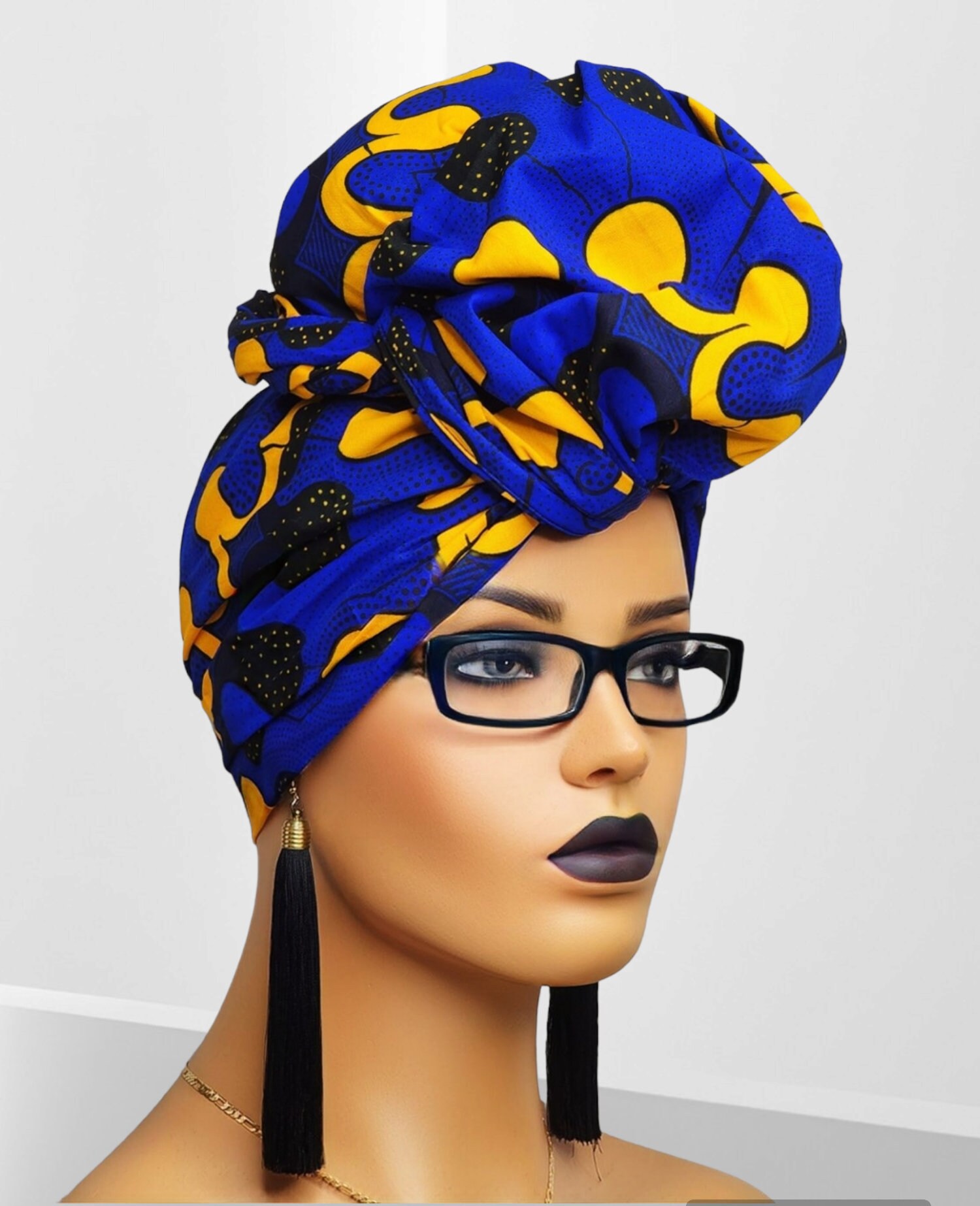 African Head Wraps for Women Blue and Gold | Ankara Headwrap  display picture 2