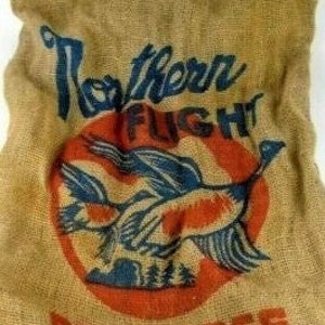 BURLAP POTATO BAG - Northern Flight 50 Lbs. (Pounds) Potatoes Vintage Natural Weave Vegetable Sack With Rustic Canadian Goose Graphic Empty