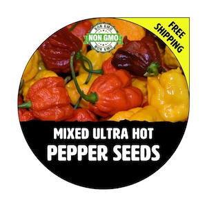 May include: A close-up of a variety of ultra hot pepper seeds. The peppers are red, orange, yellow, and brown. The seeds are labeled "Non-GMO" and "Free Shipping".