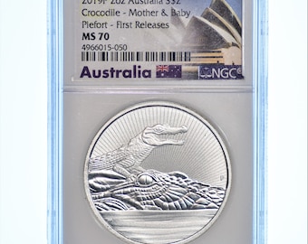 CROCODILE - MOTHER & BABY - 2 oz Silver Coin - 2019 P Australia Mint - First Releases - Ngc Graded MS70 Flag Label Proof-like Round Bu Gem