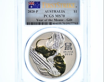 YEAR Of The MOUSE - 1 oz Silver Coin Gold Gilt - 2020 P Australia Mint - First Strike - PCGS Graded MS70 Flag Label Perfect Proof-like Round