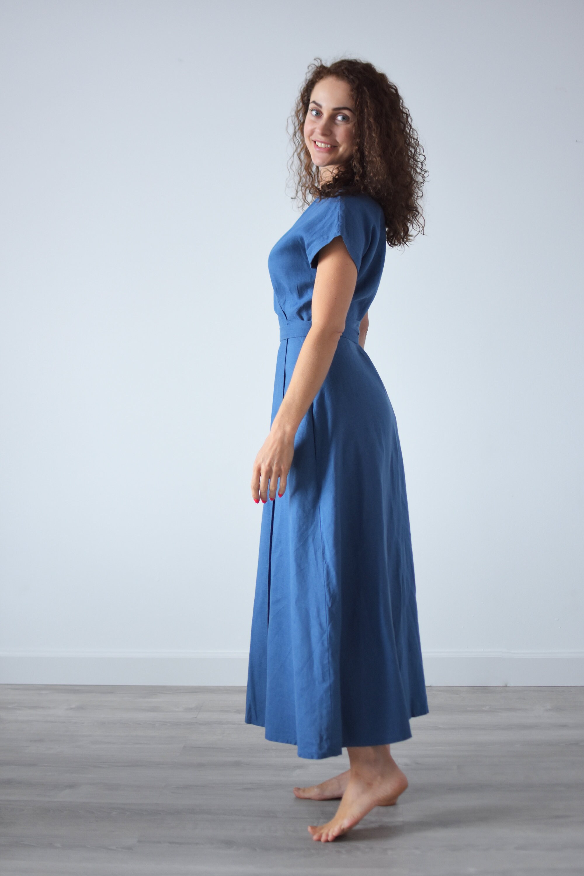 Linen Wrap Dress / Blue Linen Maxi Dress / Ankle Dress / Linen | Etsy