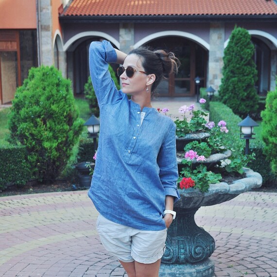 blue linen shirt outfit