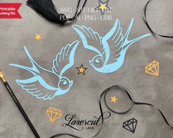 Old School SVG pájaros tradicionales, archivo de corte Tattoo Sailor Jerry, plantilla de corte láser de contorno Flash Swallows, Rockabilly vintage Bird SVG