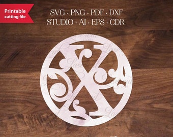 Swirly Monogram letter X lasercut template for Silhouette Cameo, Cricut, vector monogram alphabet font, papercut, vinyl svg dxf png cut file