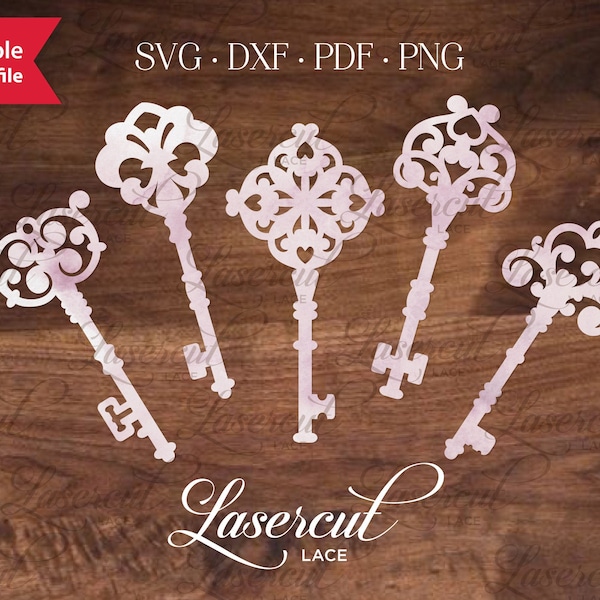 Skeleton Keys Embellishment SVG bundle, 5 antique victorian keys vectors, laser cut template for Cricut or Silhouette, Vintage door keys.