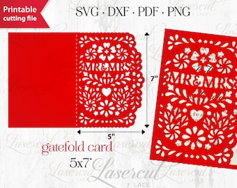 Invitación de boda de estilo popular mexicano svg, tarjeta de boda Papel Picado, tarjeta de invitación a fiesta de bodas, plantilla de corte láser, Cricut de arte popular de boda