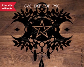 Triple Moon SVG cut file, Celestial Art lasercut template, Moon Magic Amulet dxf, Witchcraft Spell, Pentacle sacred geometry, Wiccan SVG