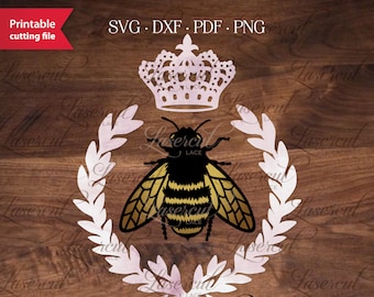 Bumblebee SVG, Queen Bee cut file, French Bee laser cut template, Honey bee with Laurel Wreath and Crown logo vector clipart, bee cut files