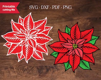 Poinsettia SVG, pointsettia Christmas flower papercut template, poinsettia flowers clipart pattern, Christmas vinyl cut stickers SVG DXF