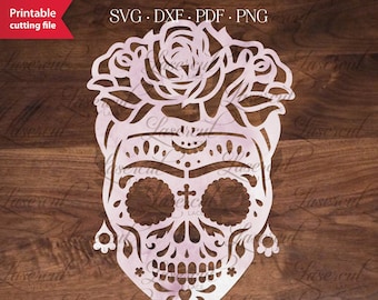 Female Sugar Skull svg, Frida calavera lasercut, Female scull dxf, paper cutting template dead queen, Dia de los Muertos, Halloween Skull