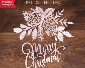 Christmas foliage decoration SVG cut file, Pine cones branches paper cutting template, Merry Christmas SVG cut file, Holly Silhouette design